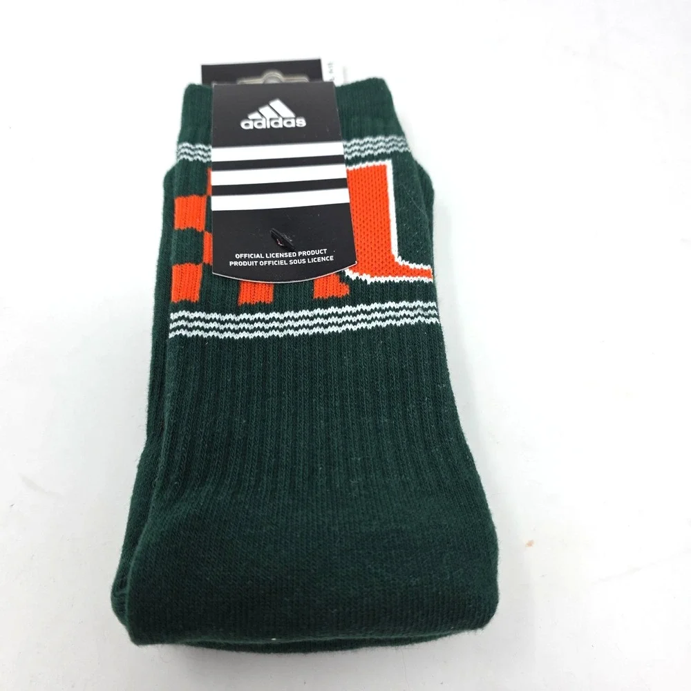 Adidas Miami Hurricanes NCAA Crew Socks Green Orange White Size 9-11 NWT 2013